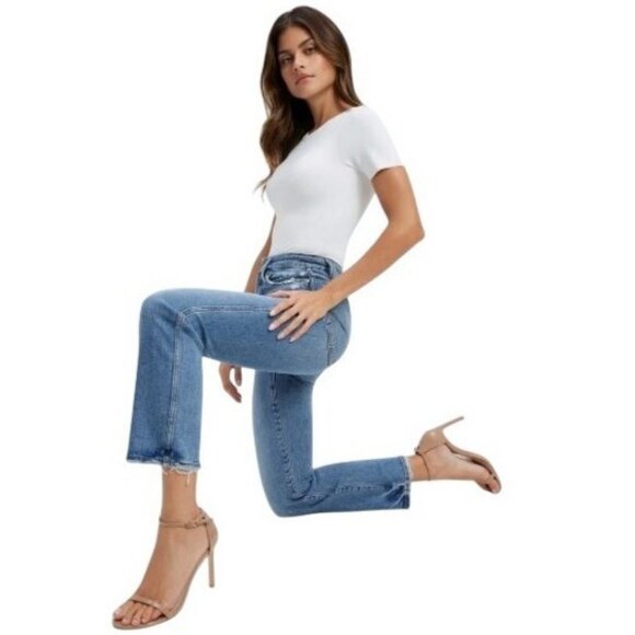 NWOT GOOD AMERICAN Good Curve Straight Jeans 15 Ultra High Rise Distressed Hem - Picture 7 of 13